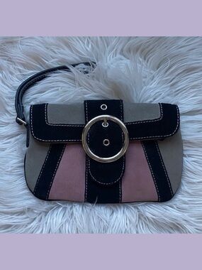 Areosoles Vintage Chick Black, Grey & Pink Suede Clutch with Silver Hardware